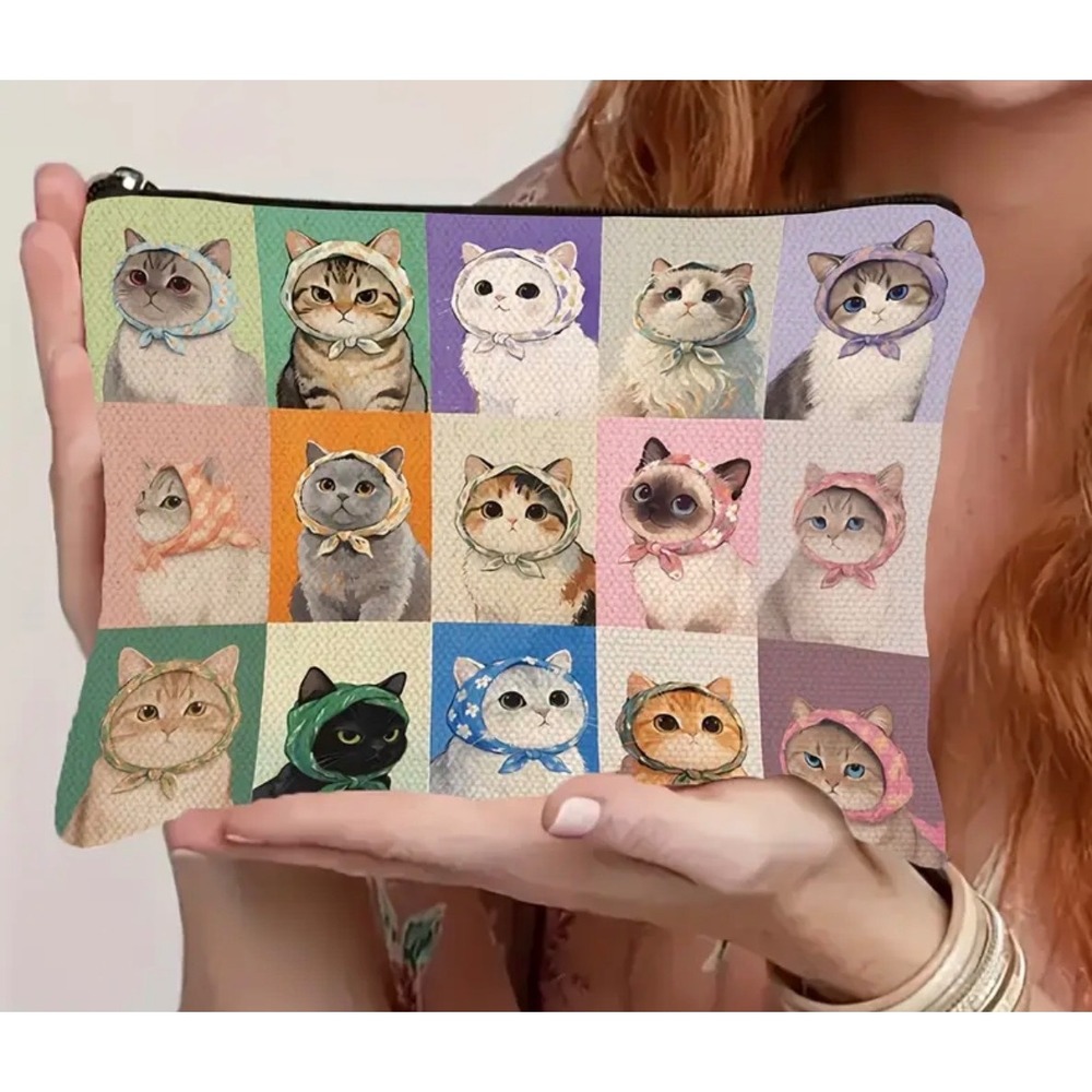 Babushka Cat Print Cosmetic Bag Women Multicolor Whimsical New